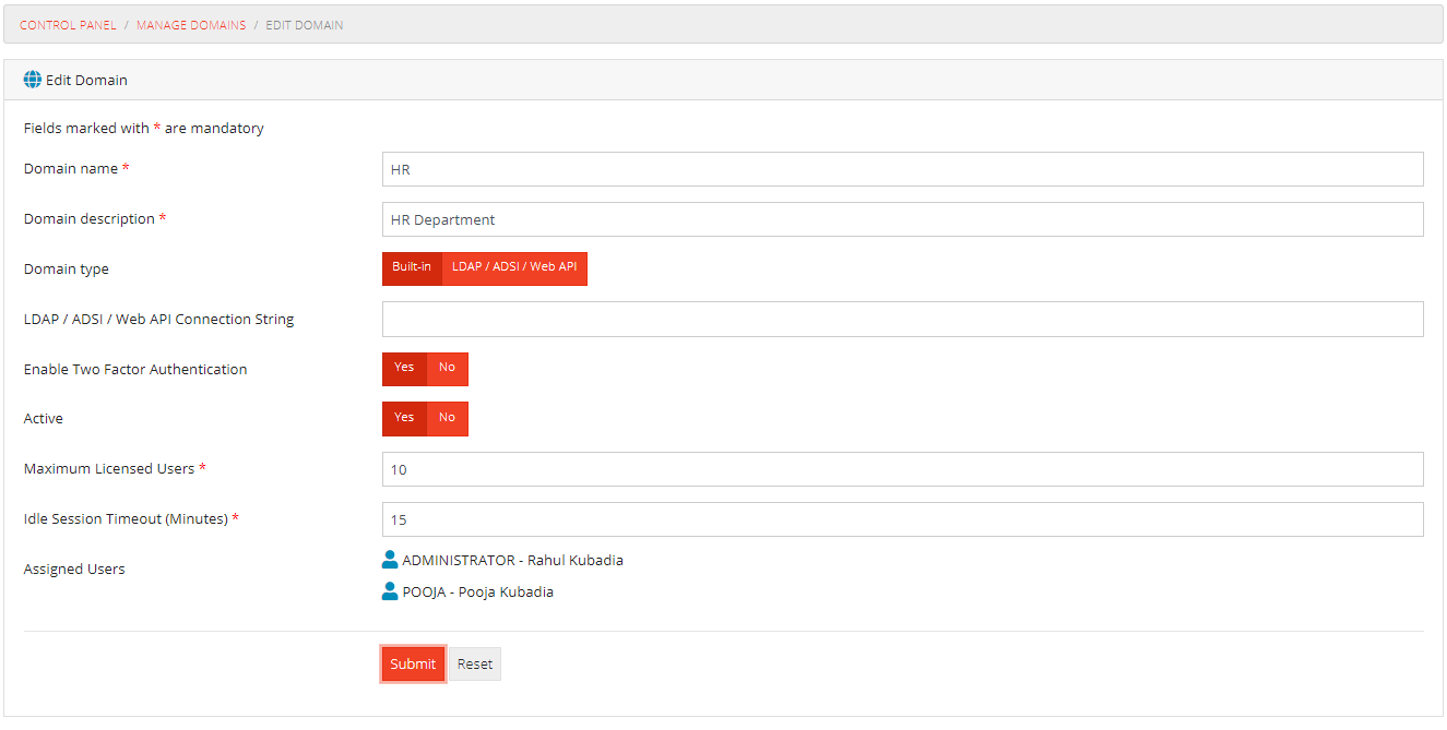 Edit Domain Form