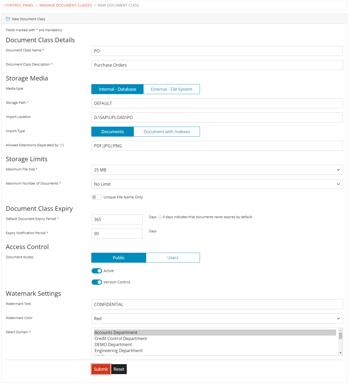 Add Document Class Form