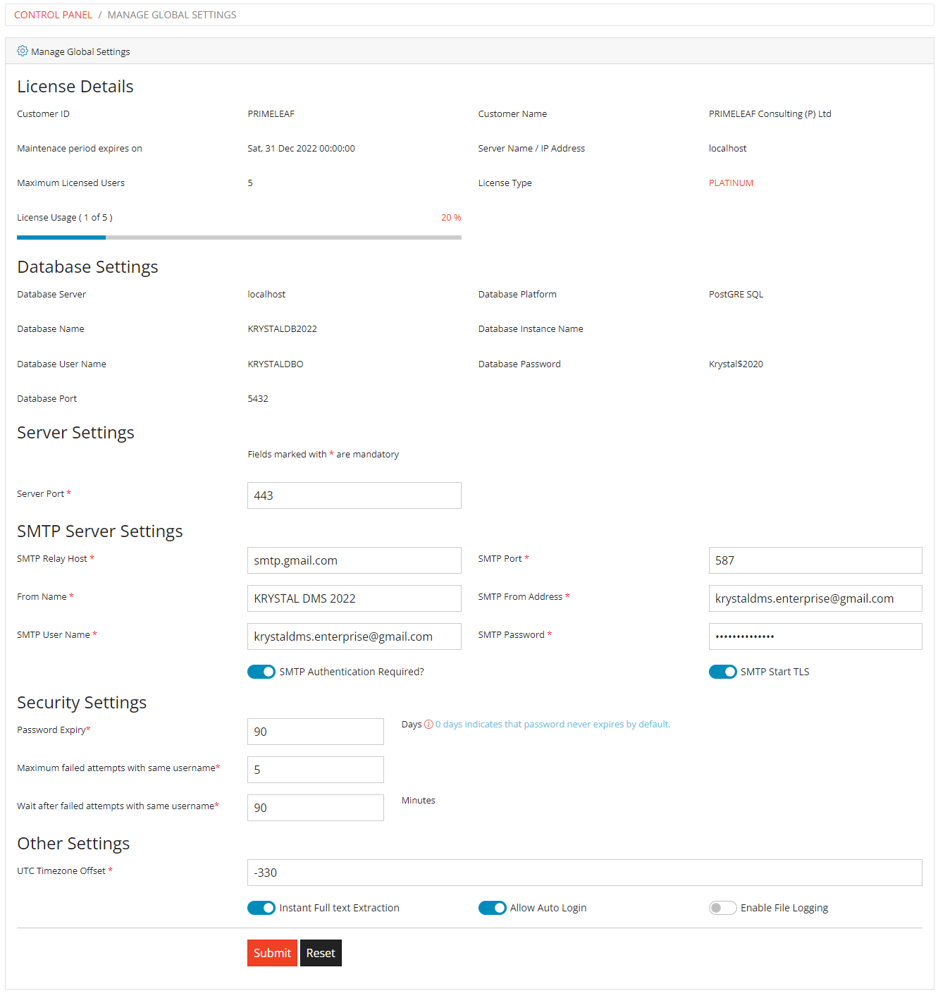 Manage Global Settings