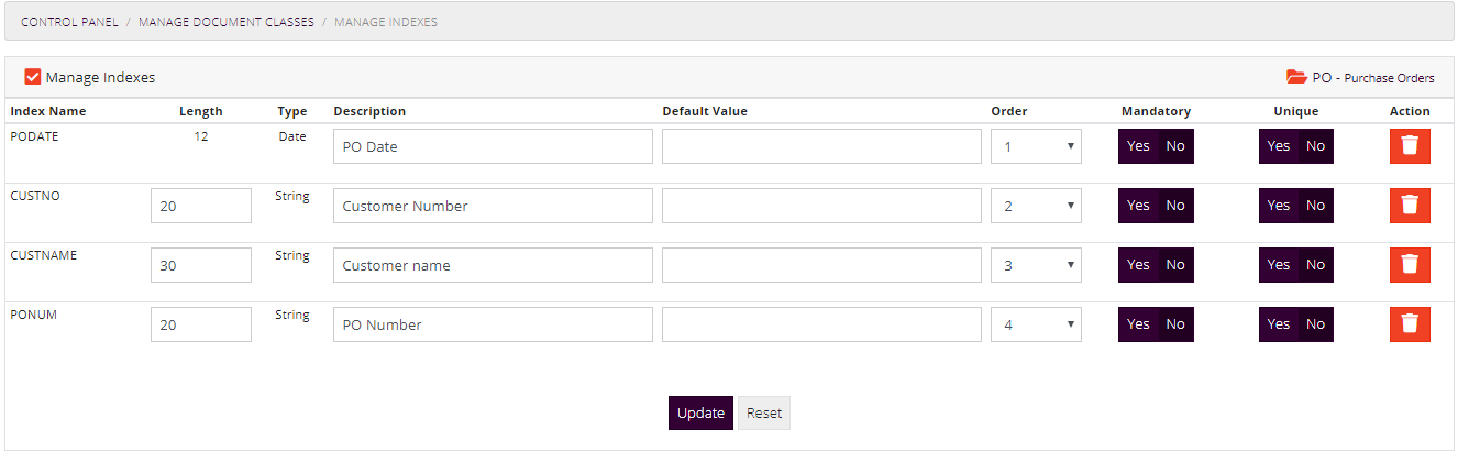 Manage Document Class Indexes