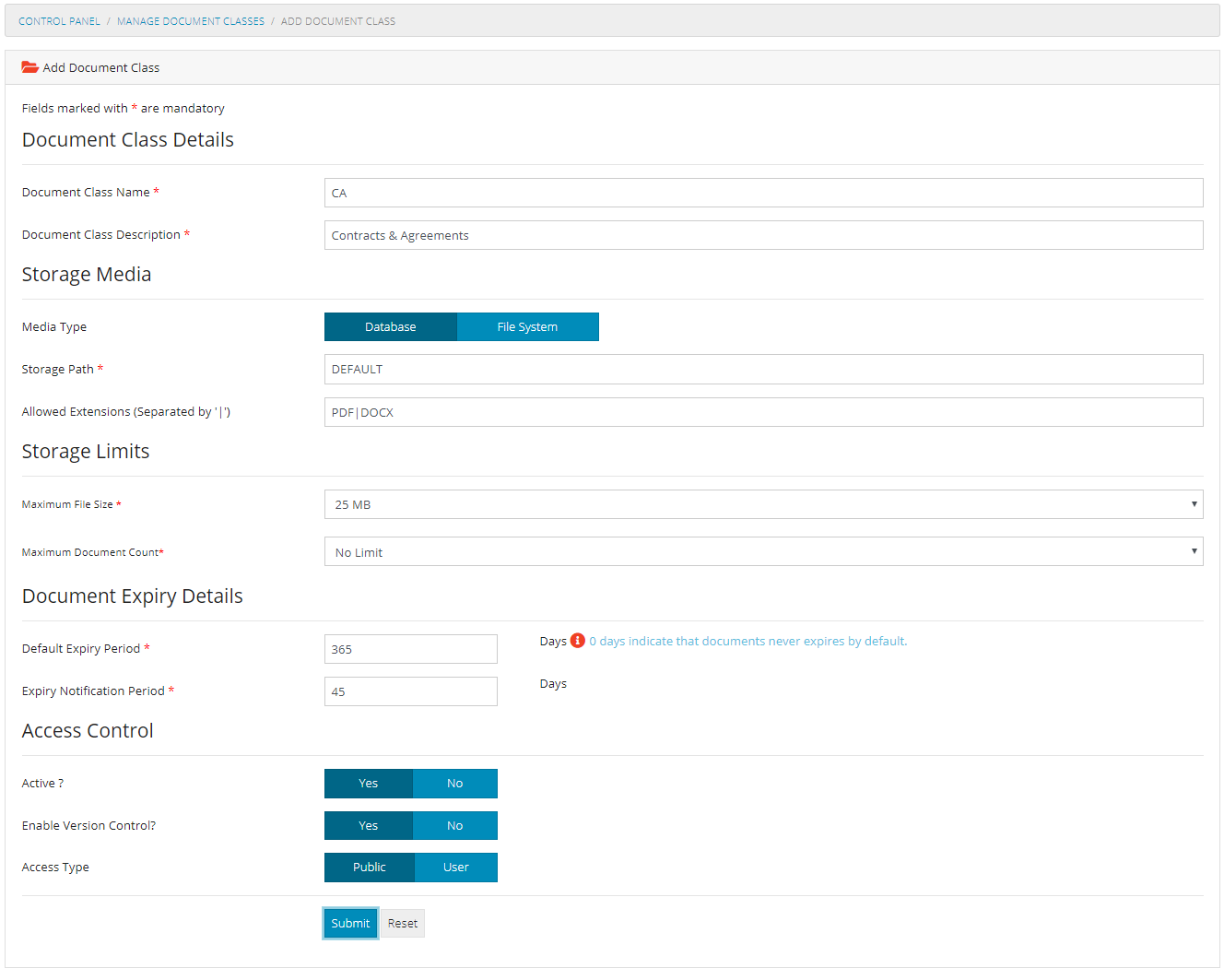 Add Document Class Form