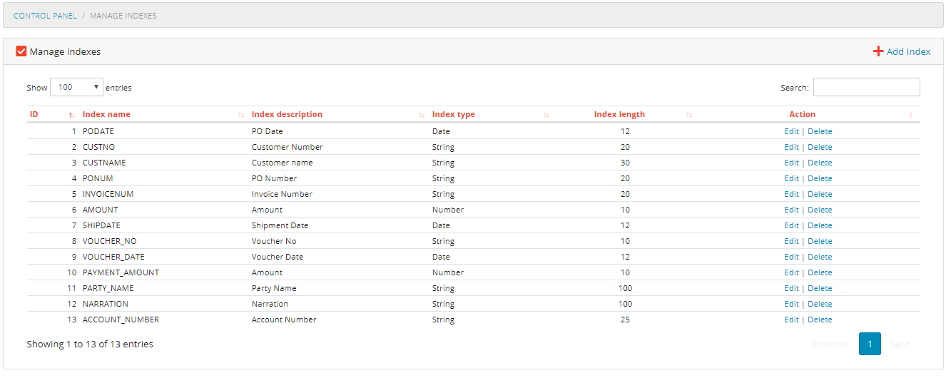 Manage Indexes